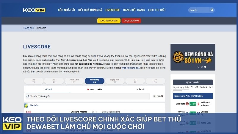 Theo dõi livescore chính xác giúp bet thủ DEWABET làm chủ mọi cuộc chơi